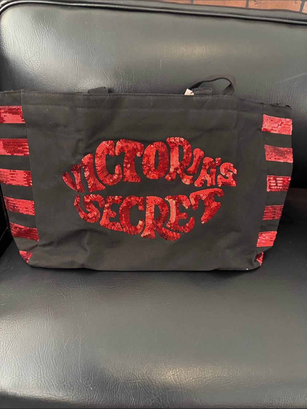 Victoria's Secret Black Tote with Red Sequin Logo and Stripe Accents